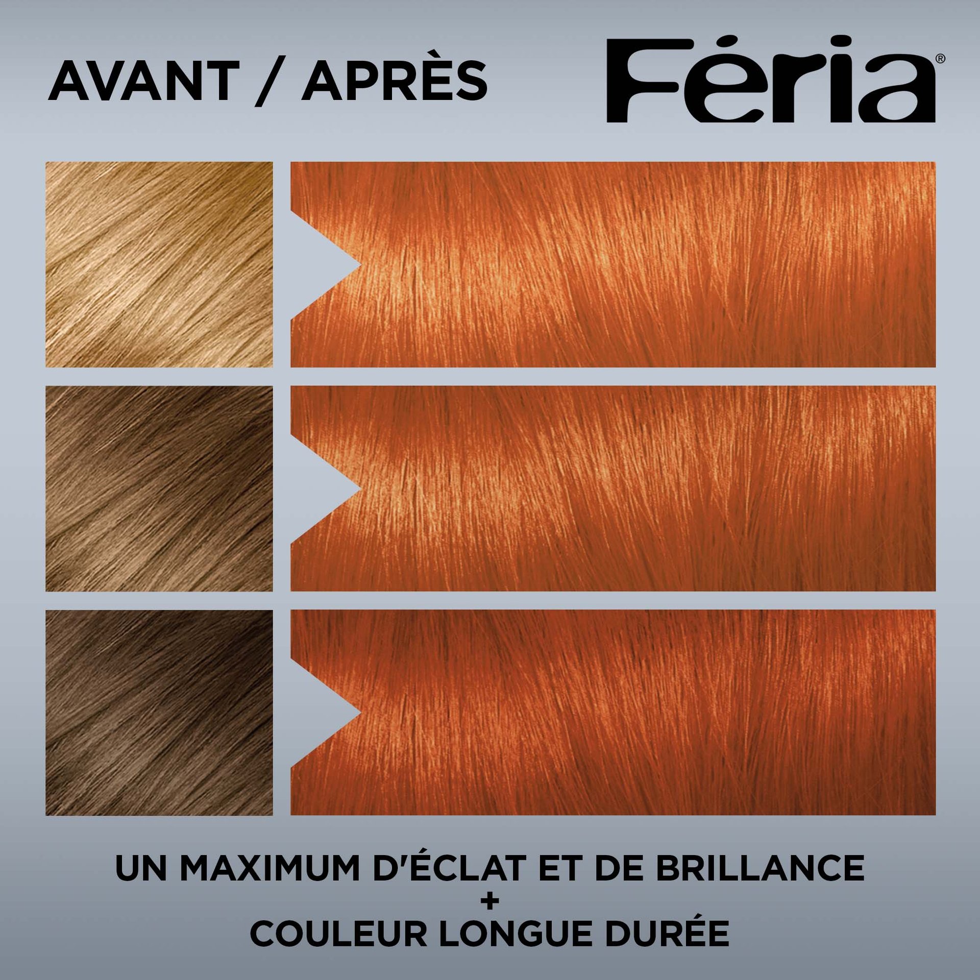 Avant et après la coloration Feria C74 Cuivre Intense